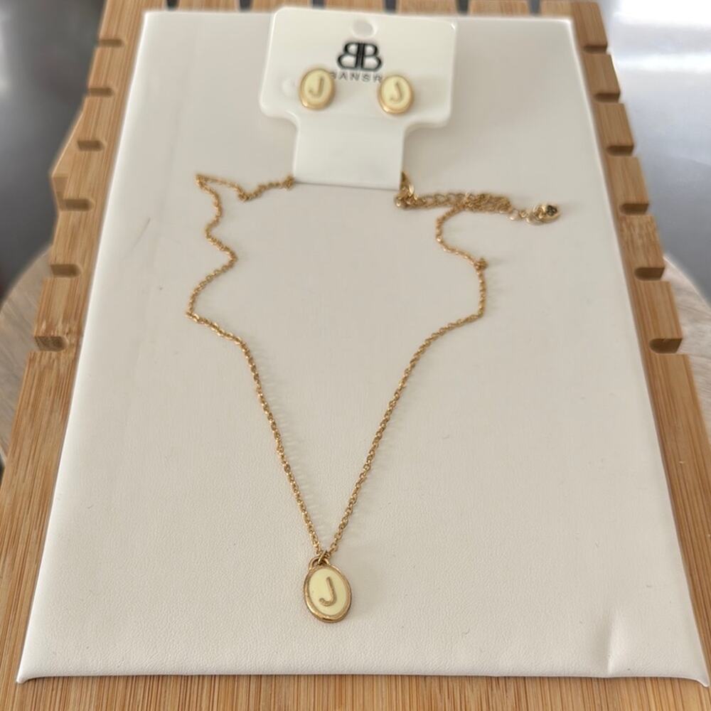 Bansri Gold and Cream initial “J”Minimalist Necklace 18” and Earrings Set